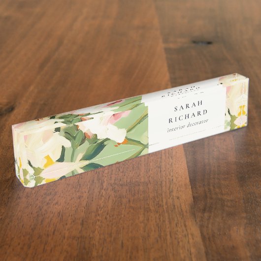 Chic Boho Kleurrijke Groen Roze Geschilderde Bloem Naambordje (Zijkant)