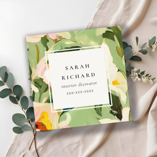 Chic Boho Kleurrijke Groen Roze Geschilderde Bloem Vierkante Visitekaartje