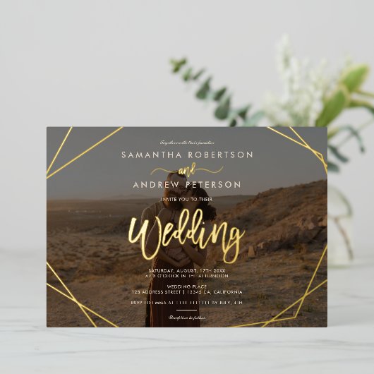 Chic boho lijst simpel fotoscript bruiloft folie uitnodiging (Staand Voorkant)