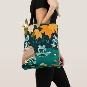 Chic boho line art abstracte vectorkikkers op vijv tote bag