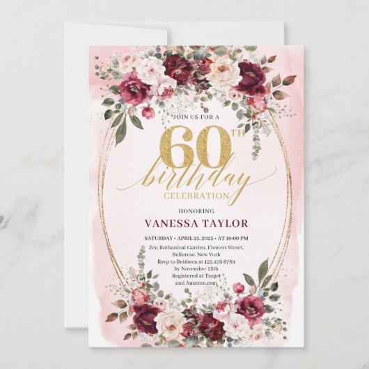 Chic Boho Maroon Gold Floral 60th Birthday Invite Kaart (Voorkant)