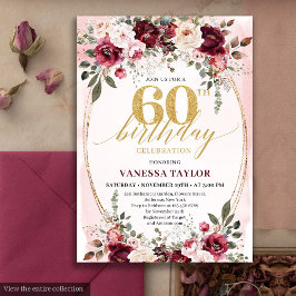 Chic Boho Maroon Gold Floral 60th Birthday Invite Kaart