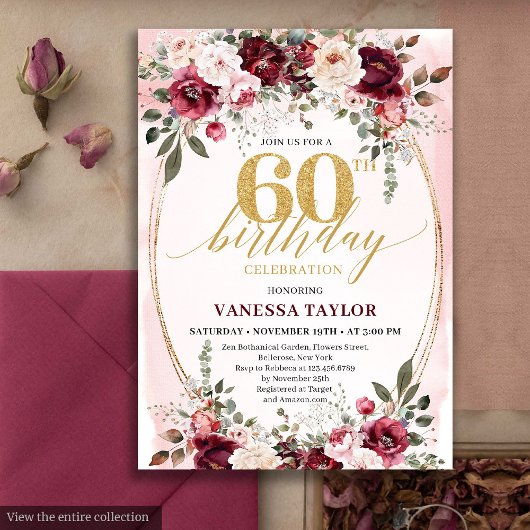 Chic Boho Maroon Gold Floral 60th Birthday Invite Kaart