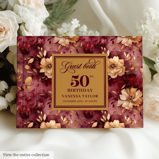 Chic Boho Marsala Blush Gouden Bloemen 50e Verjaar Gastenboek