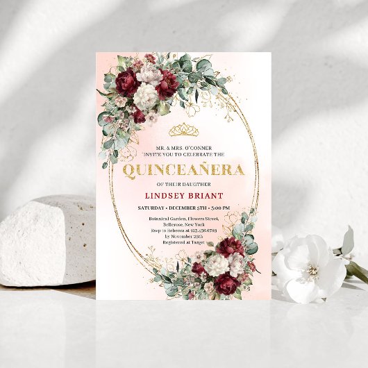 Chic Boho Marsala Flowers 15th Birthday Invitation Kaart