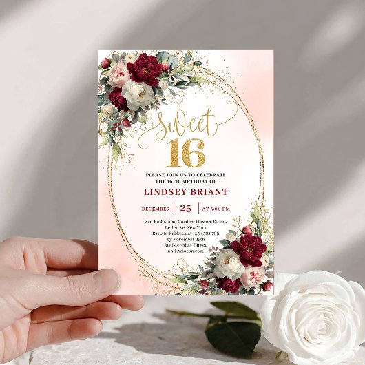 Chic Boho Marsala Goud Bloem 16e Verjaardagsuitnod Kaart