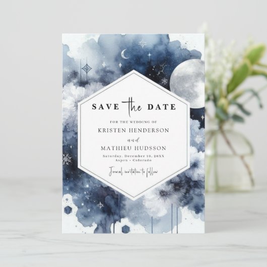 Chic Boho Moonlit bruiloft Save The Date (Staand voorkant)