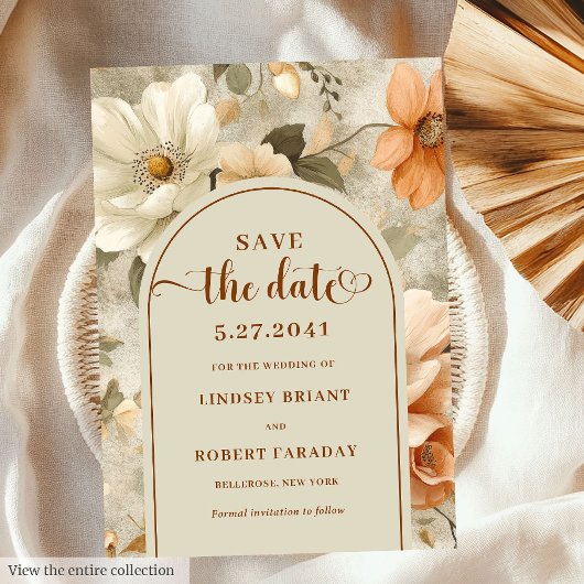 Chic Boho Neutral Beige Olive Floral Save the Date Kaart