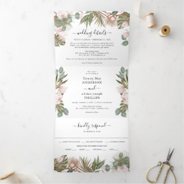 Chic Boho Orchids & Tropcal Dried Leaves Wedding Drieluik Uitnodiging