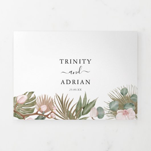 Chic Boho Orchids & Tropcal Dried Leaves Wedding Drieluik Uitnodiging (Cover)