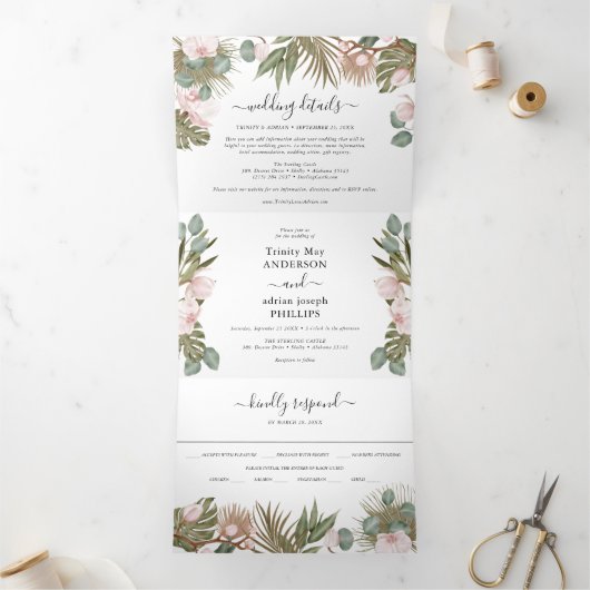 Chic Boho Orchids & Tropcal Dried Leaves Wedding Drieluik Uitnodiging (Binnen)