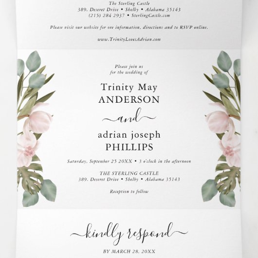 Chic Boho Orchids & Tropcal Dried Leaves Wedding Drieluik Uitnodiging (Binnenkant midden)