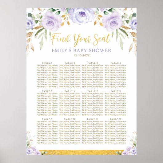 Chic Boho Paars Floral Girl Baby shower Seating Poster (Voorkant)