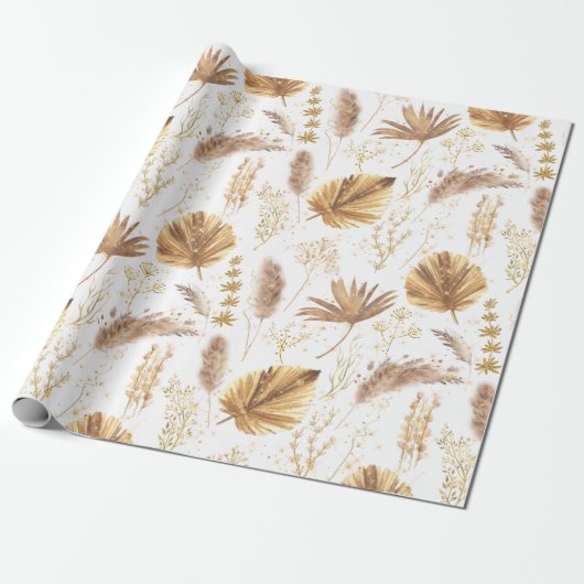 Chic Boho Pampas Grass Palm Leaves Faux Glitter Cadeaupapier (Uitgerold)