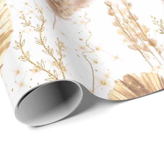 Chic Boho Pampas Grass Palm Leaves Faux Glitter Cadeaupapier (Rol Hoek)