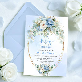 Chic Boho Pastel Blue Flowers Baby Shower Invites Kaart