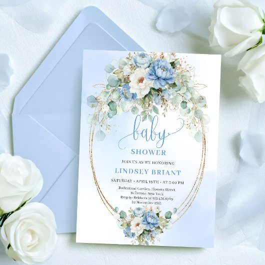 Chic Boho Pastel Blue Flowers Baby Shower Invites Kaart