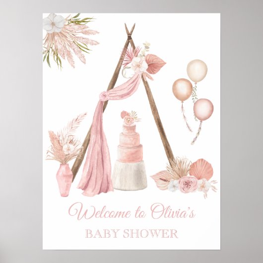 Chic Boho Pink Floral Baby shower Welkom Poster (Voorkant)