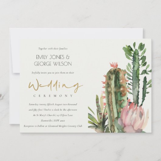 CHIC BOHO PINK FLORAL CACTI FOLIAGE WEDDING KAART (Voorkant)