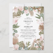 Chic Boho Pink Orchids & Dried Leaves Wedding Kaart (Voorkant)