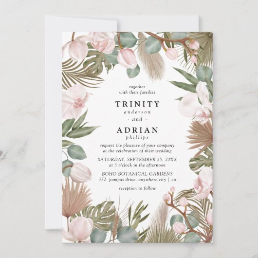 Chic Boho Pink Orchids & Dried Leaves Wedding Kaart (Voorkant)