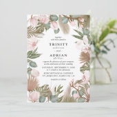 Chic Boho Pink Orchids & Dried Leaves Wedding Kaart (Staand voorkant)