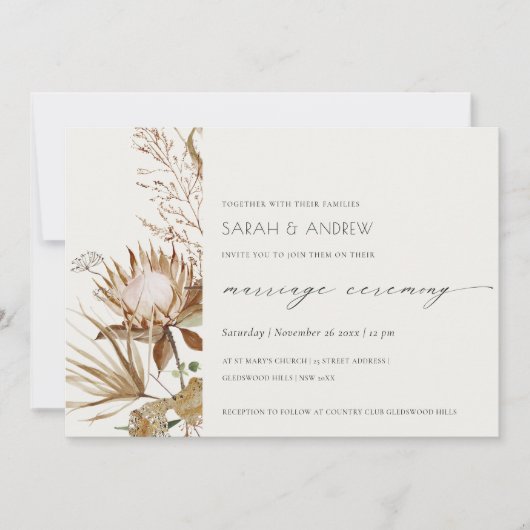 Chic Boho Protea Dry Palm Floral Marriage Invite Bedankkaart (Voorkant)