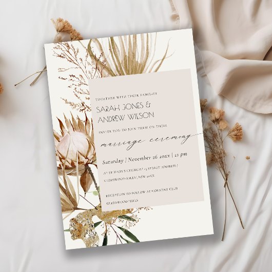 Chic Boho Protea Dry Palm Floral Marriage Invite Bedankkaart
