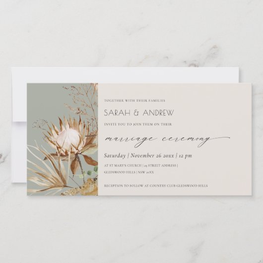 Chic Boho Protea Dry Palm Floral Marriage Invite Bedankkaart (Voorkant)