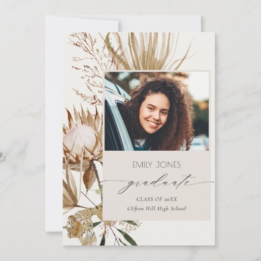 Chic Boho Protea Dry Palm Floral Photo Afstuderen Aankondiging (Voorkant)