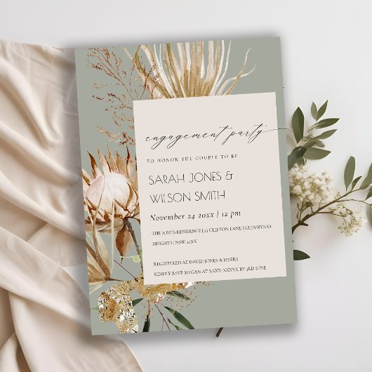 Chic Boho Protea Dry Palm Floral Verloving Invite Bedankkaart
