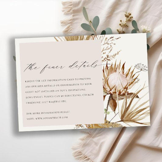 Chic Boho Protea Dry Palm Floral Wedding Details Informatiekaartje