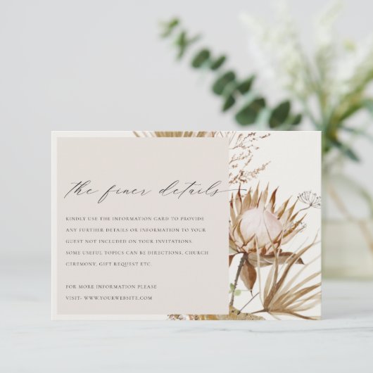 Chic Boho Protea Dry Palm Floral Wedding Details Informatiekaartje (Staand voorkant)