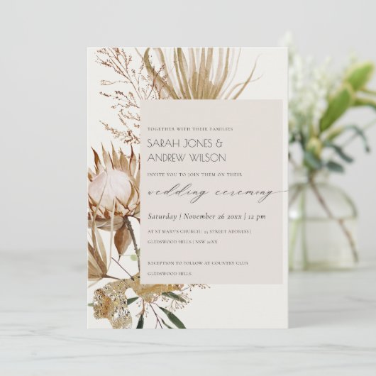 Chic Boho Protea Dry Palm Floral Wedding Invite Bedankkaart (Staand voorkant)