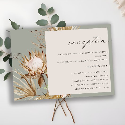 Chic Boho Protea Dry Palm Floral Wedding Reception Informatiekaartje