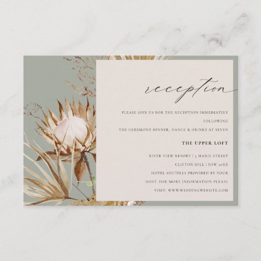 Chic Boho Protea Dry Palm Floral Wedding Reception Informatiekaartje (Voorkant)