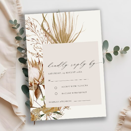 Chic Boho Protea Dry Palm Floral Wedding RSVP Informatiekaartje