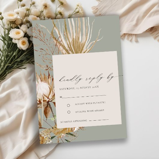 Chic Boho Protea Dry Palm Floral Wedding RSVP Informatiekaartje