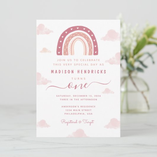 Chic Boho Rainbow en Clouds Pastel Pink Birthday Kaart (Staand voorkant)
