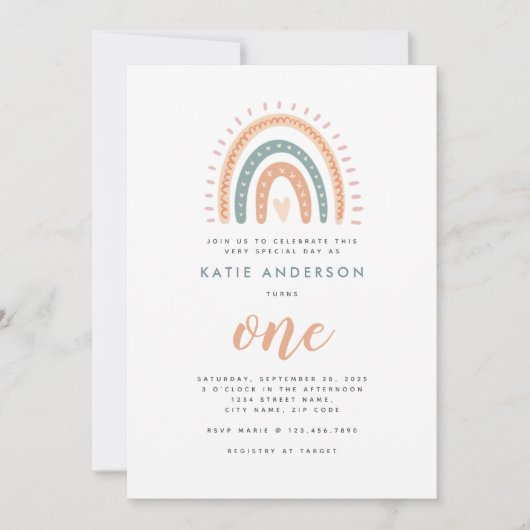 Chic Boho Rainbow Pastel First Birthday Kaart (Voorkant)