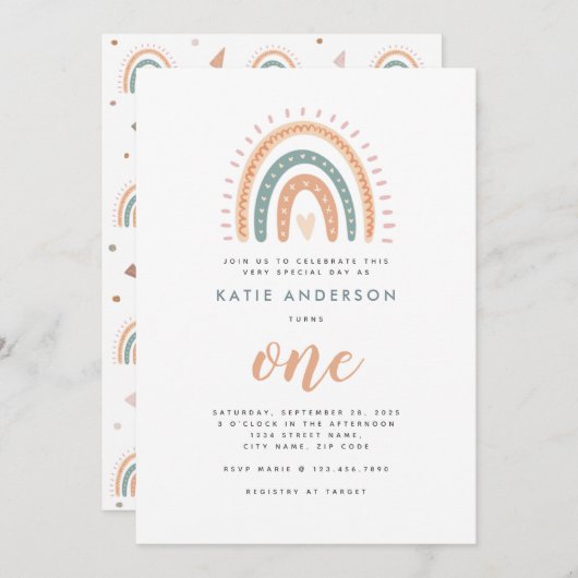 Chic Boho Rainbow Pastel First Birthday Kaart (Voorkant / Achterkant)
