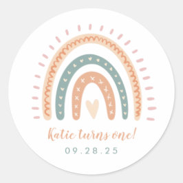 Chic Boho Rainbow Pastel First Birthday Ronde Sticker