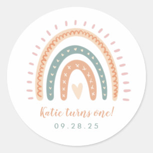 Chic Boho Rainbow Pastel First Birthday Ronde Sticker