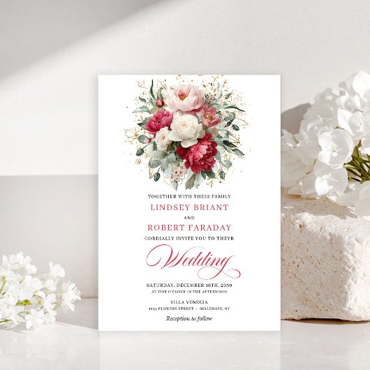 Chic Boho Red Blush Greenery Wedding Invitation Kaart