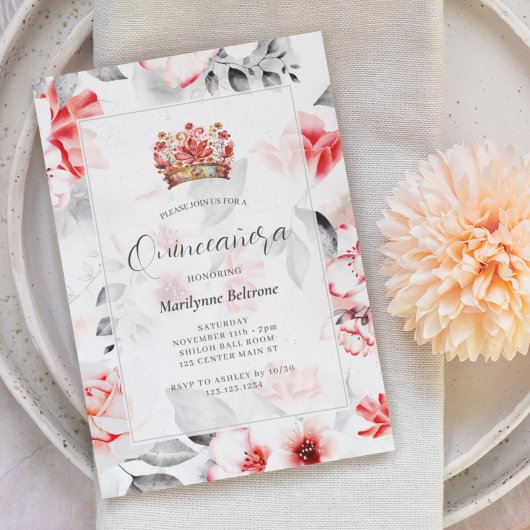 Chic Boho Rode Bloemige Quinceañera Kaart