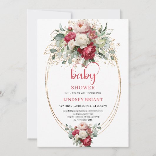 Chic Boho Ruby Red Blush Greenery Baby Shower Kaart (Voorkant)