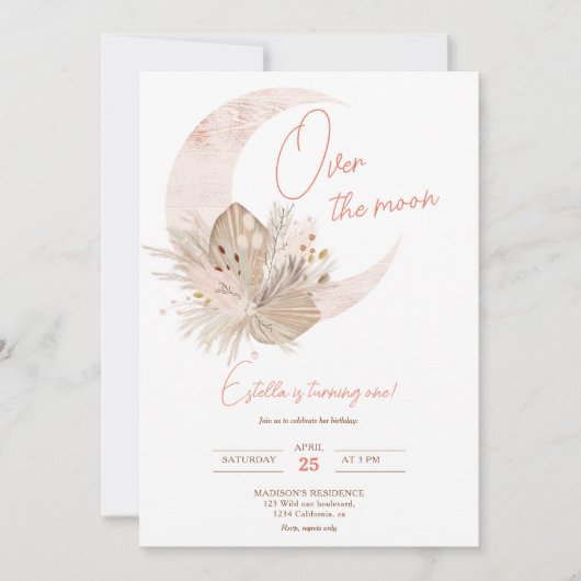 Chic boho rustic pampas floral moon 1e verjaardag kaart (Voorkant)