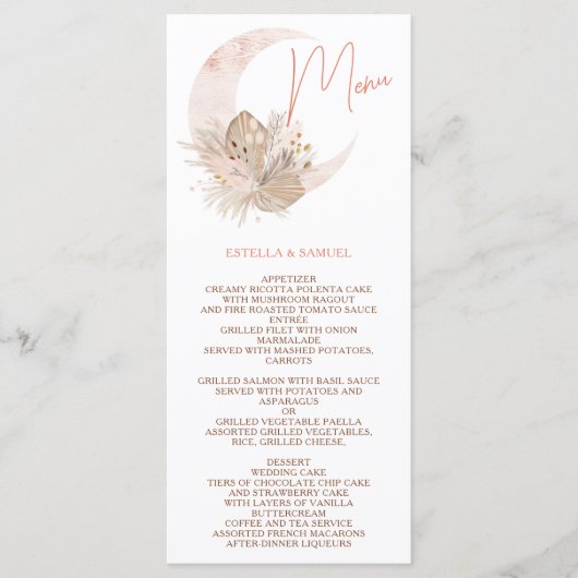 Chic boho rustic pampas florale moon bruiloft menu (Voorkant)