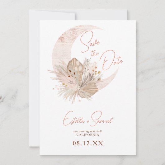 Chic boho rustic pampas florale moon bruiloft save the date (Voorkant)