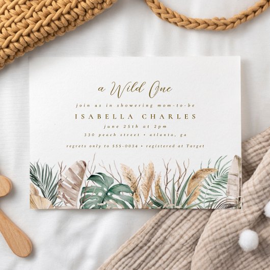 Chic Boho Safari Pampas Monstera Gold Baby shower Kaart